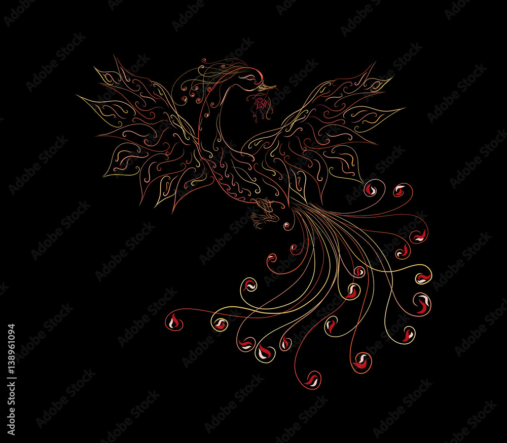 Beautiful and bright Sunbird, phoenix, with a magnificent tail, spread wings, with a flower in its beak, painted graceful lines with swirls on black background Beautiful and bright Sunbird, phoenix, with a magnificent tail, spread wings, with a flower in its beak, painted graceful lines with swirls on black background