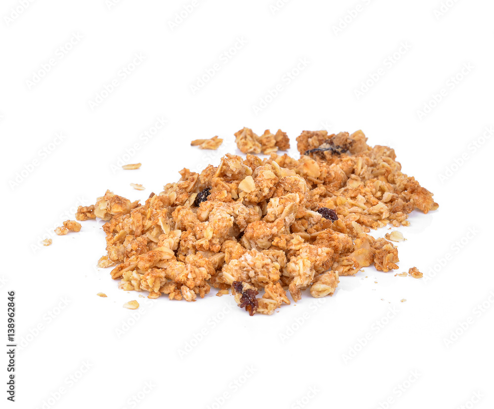 Crispy cereal with raisins and nuts isolated on white background. Crispy cereal with raisins and nuts isolated on white background.