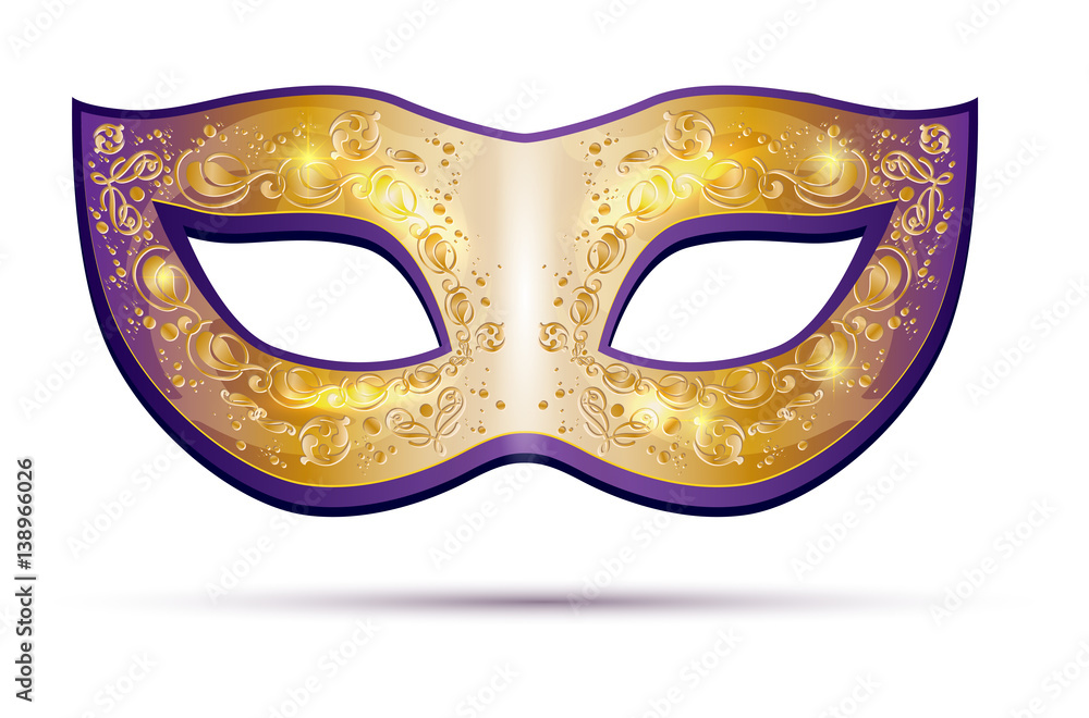 Golden and violet carnival mask isolated on white background