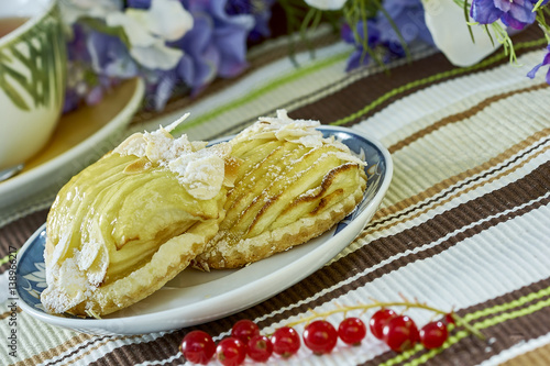 apple cheesecake with cup of tea sweet dessert still life photo