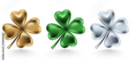 Photo Golden, green and silver clover leaf isolated on white background, vector illustration for St