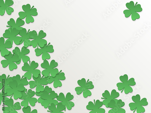 White St. Patrick day background with clover four-leaf flat green paper cut leaves. Vector simple design