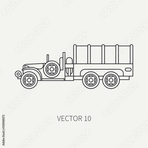 Line flat plain vector icon tarpaulin wagon army truck. Military vehicle. Cartoon vintage style. Cargo and soldiers transportation. Tractor unit. Tow. Simple. Illustration and element for your design.