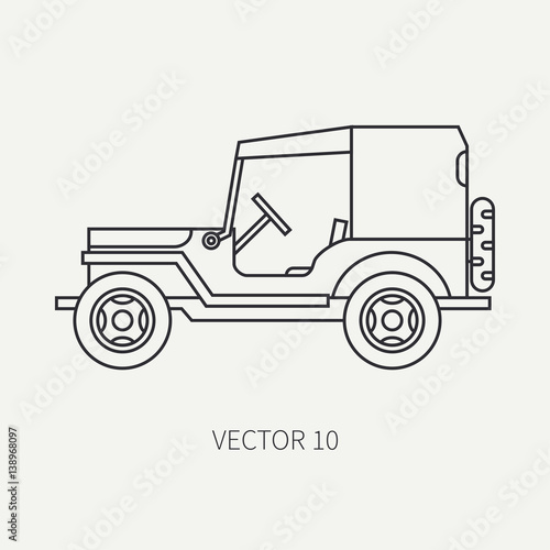 Line flat plain vector icon service staff tarpaulin body army car. Military vehicle. Cartoon vintage style. Cargo transportation. Tractor unit. Tow. Simple. Illustration and element for your design.