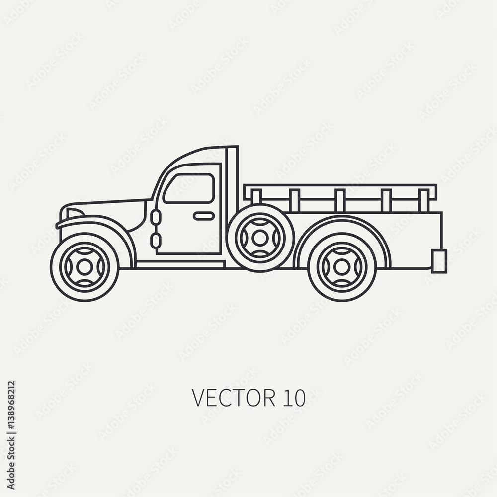 Line flat plain vector icon service staff open body army truck. Military vehicle. Cartoon vintage style. Cargo transportation. Tractor unit. Tow auto. Simple. Illustration and element for your design.