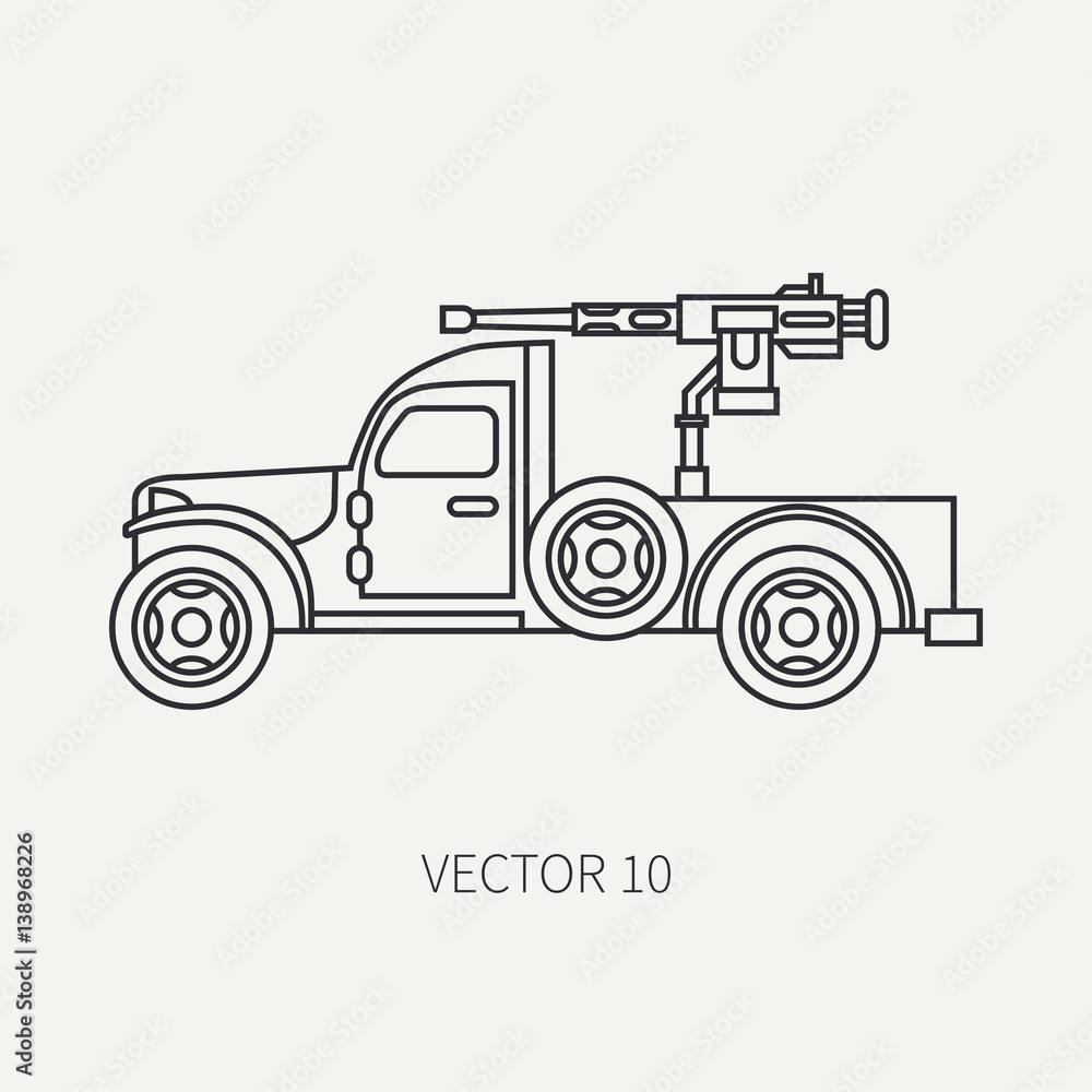 Line flat plain vector icon armed open body army pickup. Military vehicle. Cartoon vintage style. Machine gun. Mobile weapon emplacement. Tractor unit. Tow. Illustration and element for your design.