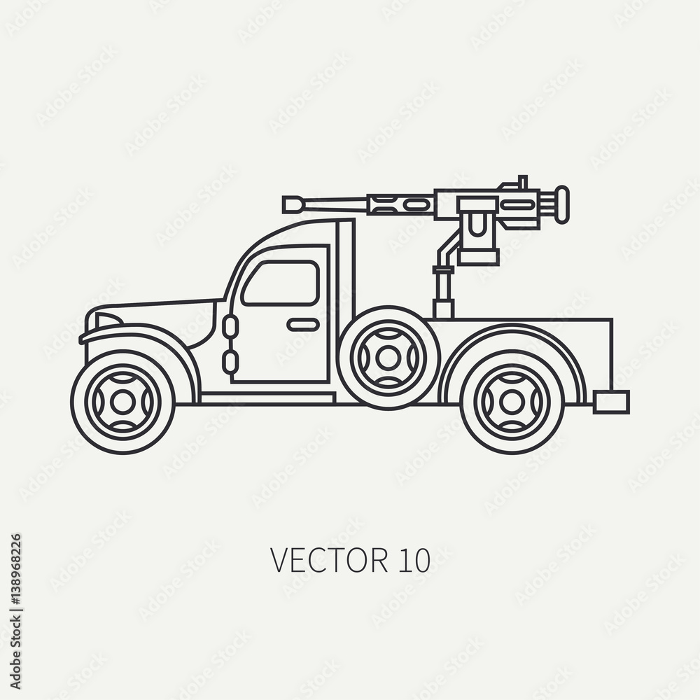 Line flat plain vector icon armed open body army pickup. Military vehicle. Cartoon vintage style. Machine gun. Mobile weapon emplacement. Tractor unit. Tow. Illustration and element for your design. Line flat plain vector icon armed open body army pickup. Military vehicle. Cartoon vintage style. Machine gun. Mobile weapon emplacement. Tractor unit. Tow. Illustration and element for your design.