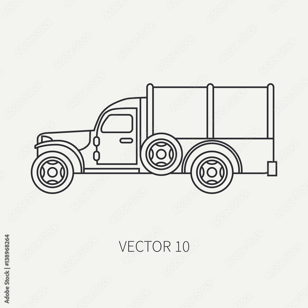 Line flat plain vector icon tarpaulin wagon army truck. Military vehicle. Cartoon vintage style. Cargo and soldiers transportation. Tractor unit. Tow. Simple. Illustration and element for your design.
