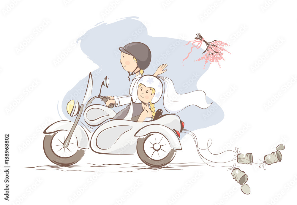 Just married on a motorcycle / Vector illustration, card -- bride throws the bouquet Just married on a motorcycle / Vector illustration, card -- bride throws the bouquet