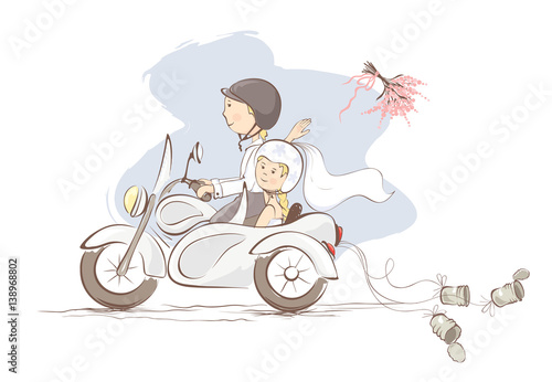 Just married on a motorcycle / Vector illustration, card -- bride throws the bouquet