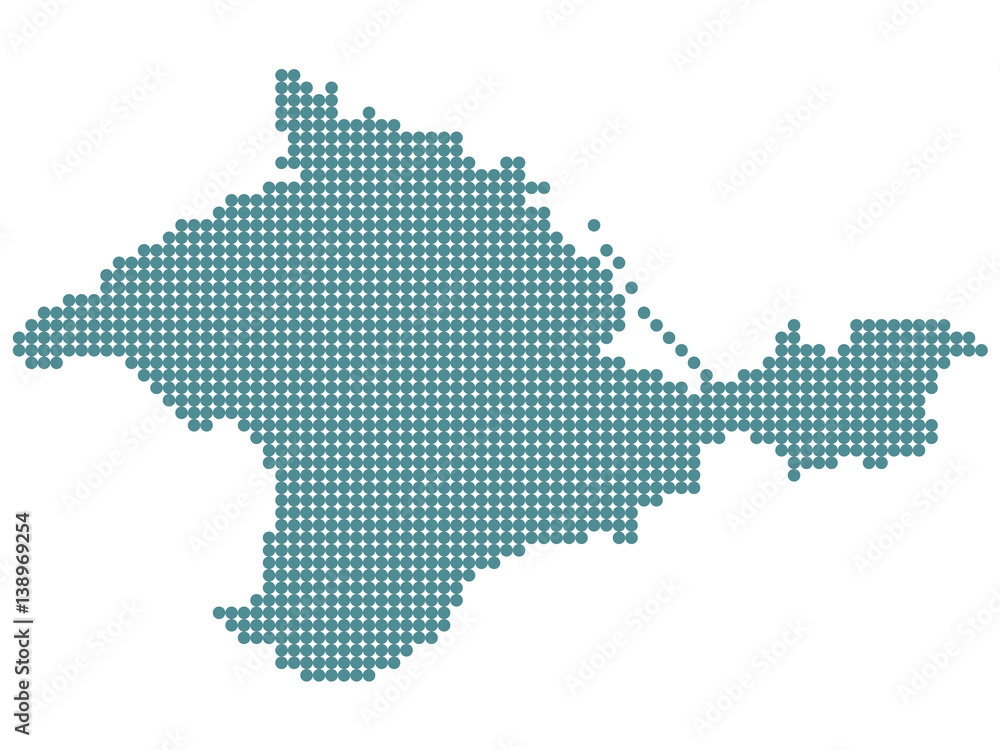 Abstract map of Crimea from round dots. Ukraine (de jure): Autonomous Republic of Crimea. Russia (de facto): Republic of Crimea.
