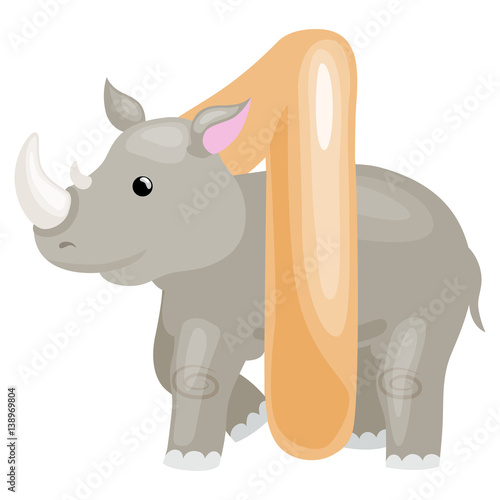 ordinal number 1 for teaching children counting one rhino with the ability to calculate amount animals abc alphabet kindergarten books or elementary school posters collection vector illustration