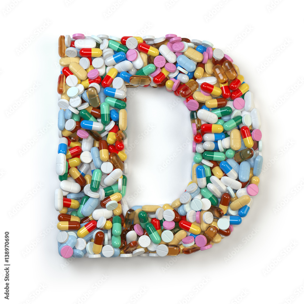 Letter D. Set of alphabet of medicine pills, capsules, tablets and blisters isolated on white. Letter D. Set of alphabet of medicine pills, capsules, tablets and blisters isolated on white.