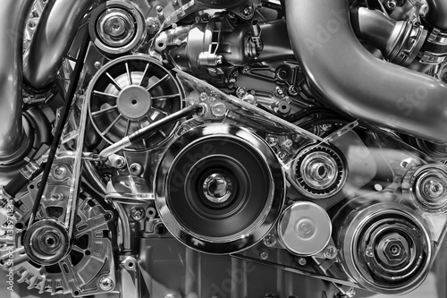 Slika na platnu Car engine, concept of modern vehicle motor with metal, chrome, plastic parts, h