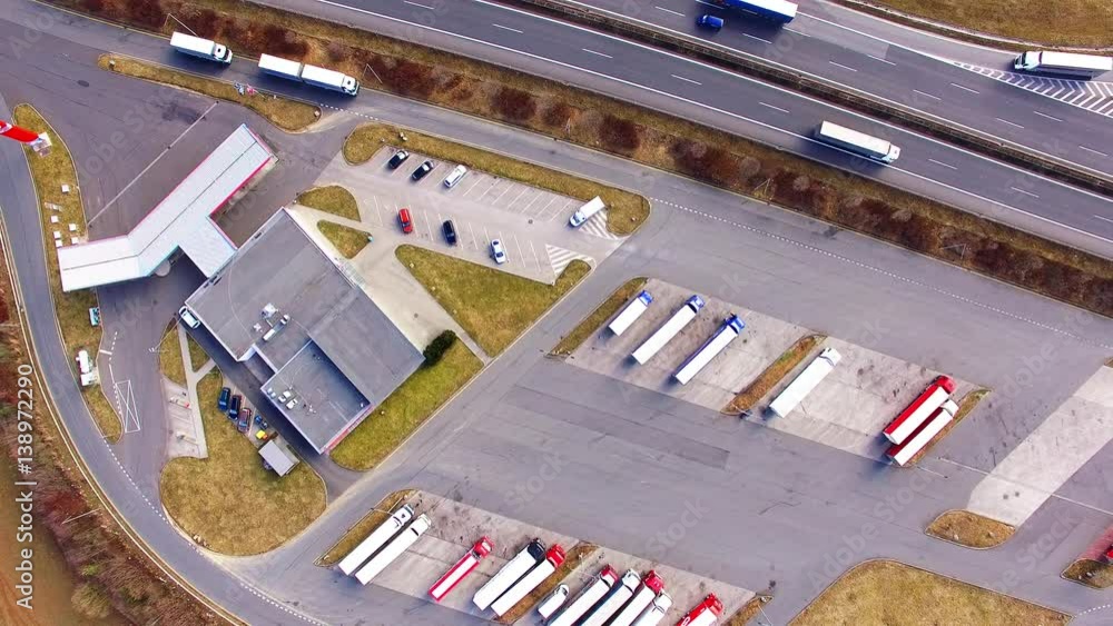 Aerial view of highway D5 gasoline station with parking nearby Pilsen, Czech republic, Central Europe. Transportation concept. Aerial view of highway D5 gasoline station with parking nearby Pilsen, Czech republic, Central Europe. Transportation concept.
