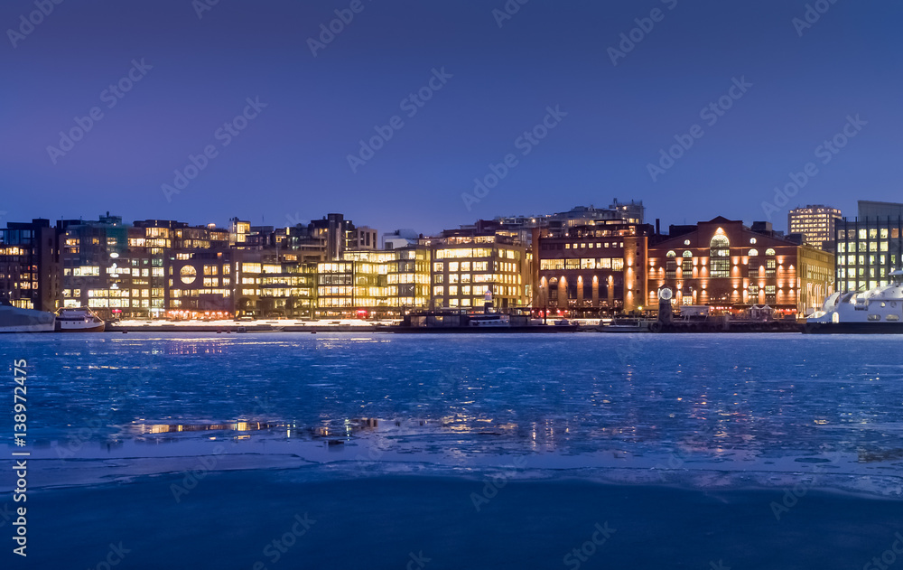 Aker Brygge in the winter. Frozen sea. Oslo, Norway