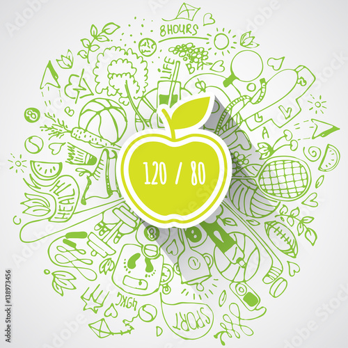 Healthy lifestyle concept with apple and doodles