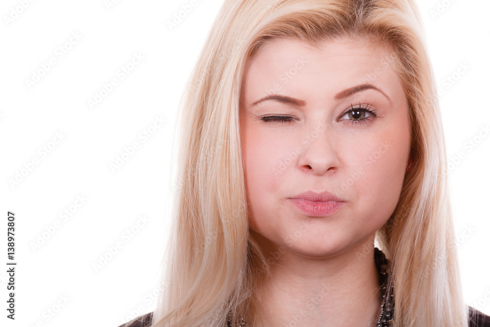 Portrait of happy blonde, charming winking woman Portrait of happy blonde, charming winking woman