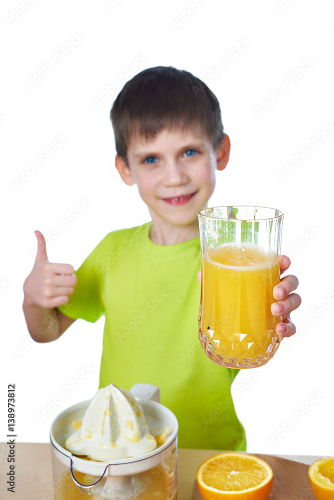 Happy boy with juice and showing thumbs up isolated Happy boy with juice and showing thumbs up isolated