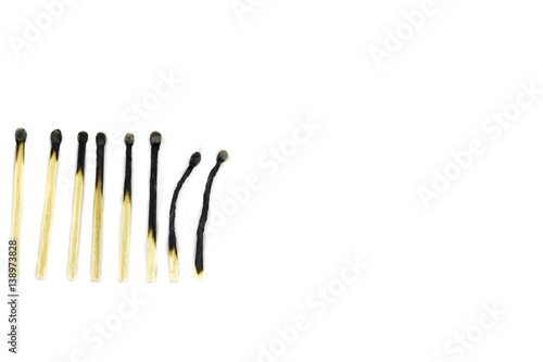 Set of burnt match at different stages on white background