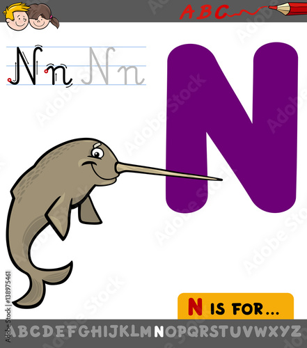 letter n with cartoon narwhal