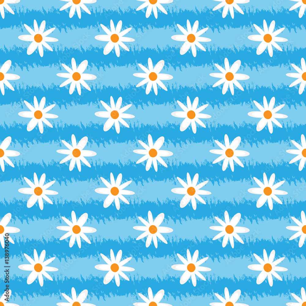 Striped grunge texture with flowers. Brush strokes, abstract daisy. Seamless pattern.