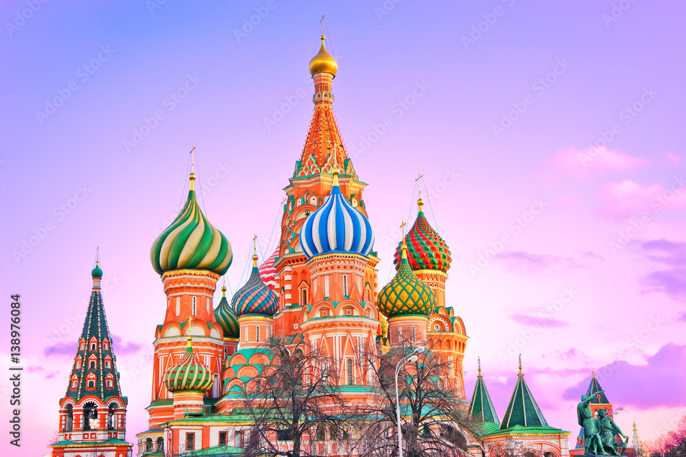 St. Basil's cathedral on the Red Square in Moscow at dusk.