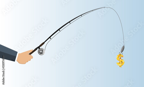 Businessman hand holding fishing rod and money bill as bait - flat style