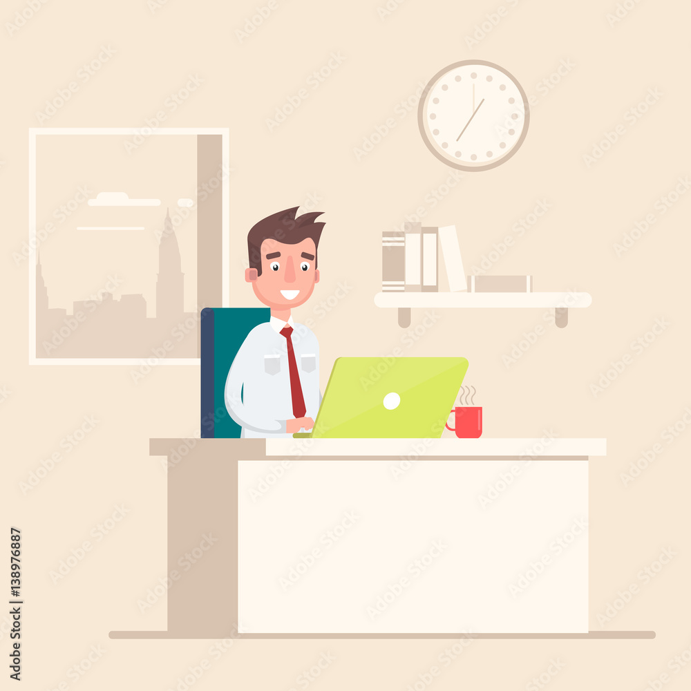 A man sits on the workplace at the office. A man sits on the workplace at the office.