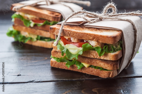 delicious homemade sandwich in rustic style photo