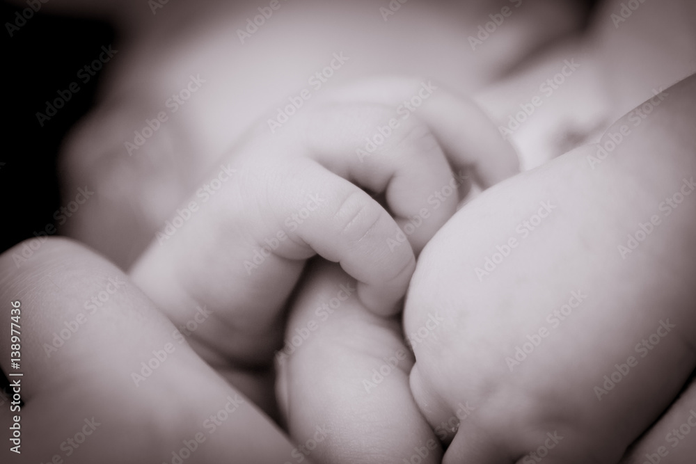 baby’s hands close up monochrome