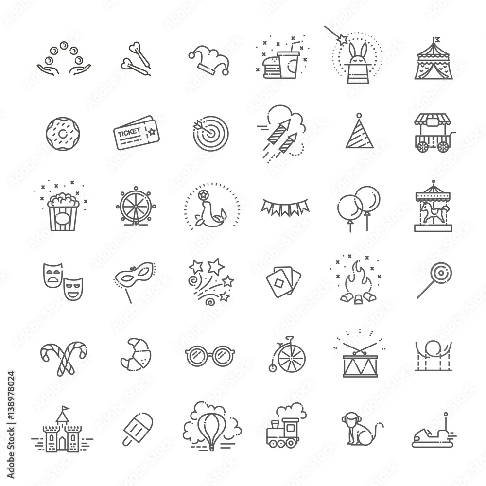 Amusement park sings set. Thin line art icons. Linear style illustrations isolated on white