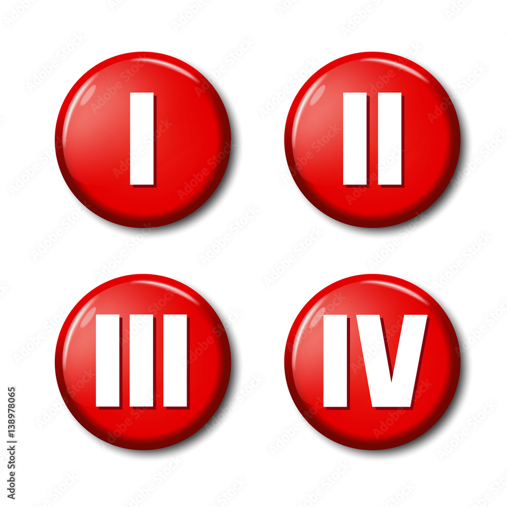 Set of red round button icons with roman numerals 1, 2, 3, 4. Circle label for sport competition places, rating levels. Design elements on white background with transparent shadow. Set of red round button icons with roman numerals 1, 2, 3, 4. Circle label for sport competition places, rating levels. Design elements on white background with transparent shadow.