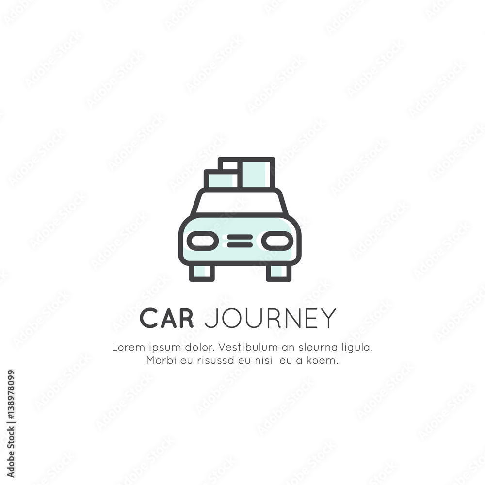 Vector Icon Style Logo of Car Journey, Camping Vacation, Delivery Service, Taxi Company, Cargo and Logistics Concept, Isolated Linear Design Concept Vector Icon Style Logo of Car Journey, Camping Vacation, Delivery Service, Taxi Company, Cargo and Logistics Concept, Isolated Linear Design Concept