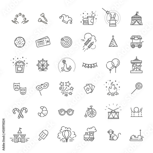 Amusement park sings set. Thin line art icons. Linear style illustrations isolated on white