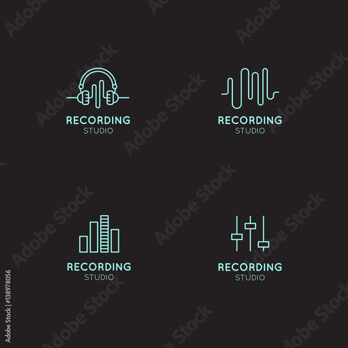 Simple Vector Icon Style Music Logo Set. Recording Studio Labels. Podcast and Radio Badge with Sample Text. Design with Waves, Headphones and Mixing console