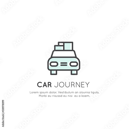 Vector Icon Style Logo of Car Journey, Camping Vacation, Delivery Service, Taxi Company, Cargo and Logistics Concept, Isolated Linear Design Concept