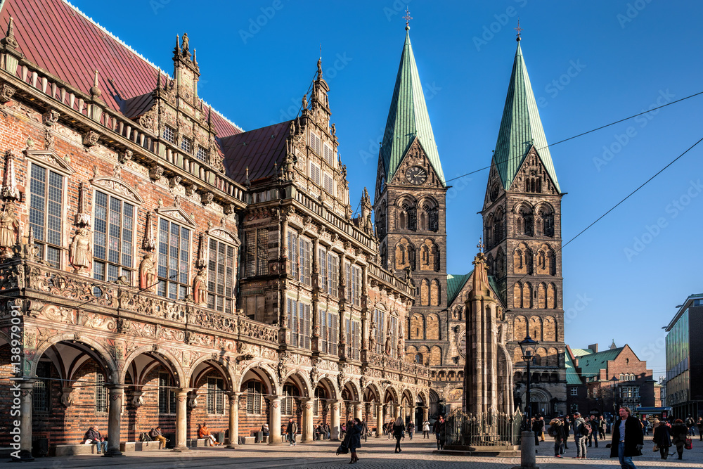 Bremer Marktplatz mit Rathaus und Dom - obrazy, fototapety, plakaty 