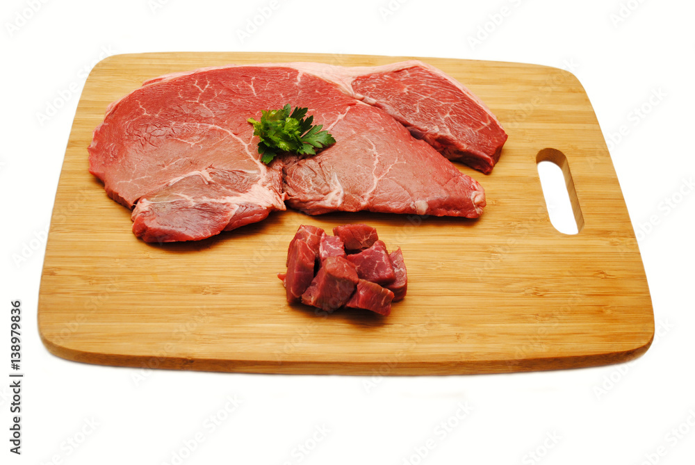 Cutting a Raw Steak on a Wooden Cutting Board
