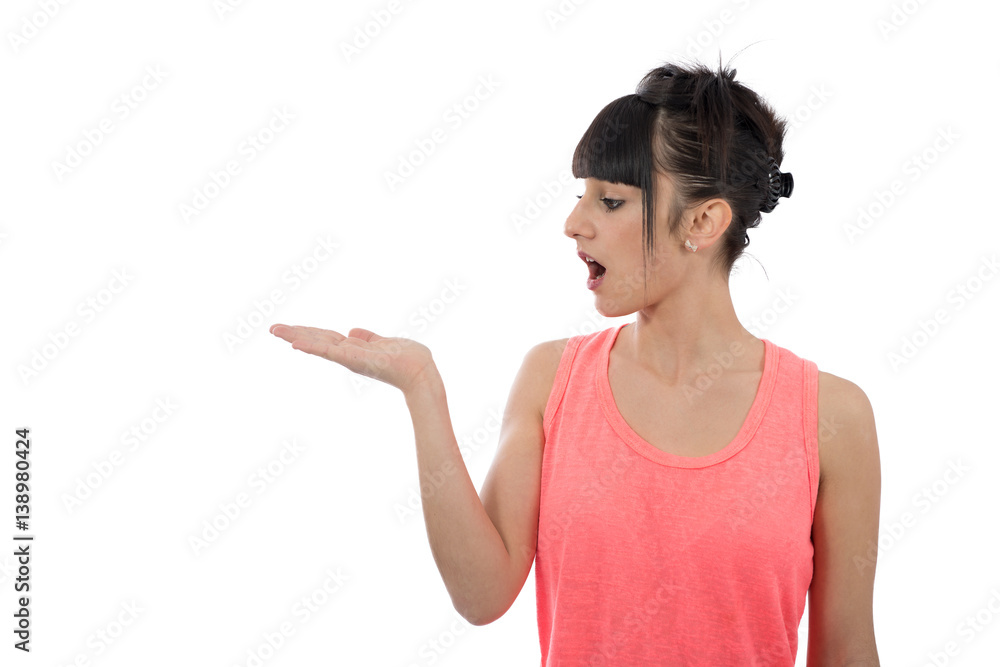 young woman presenting copy space on her palm young woman presenting copy space on her palm