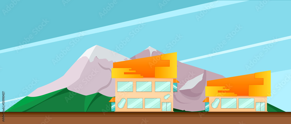 Obraz premium Building on a background of the nature of the mountains in the background of a clear sky. Trees, lake near mountains. Camping landscape travel climbing or hiking mountains. Vector