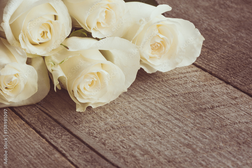 Soft full blown white roses as a neutral background on wooden board. Selective focus. Toned image. Soft full blown white roses as a neutral background on wooden board. Selective focus. Toned image.