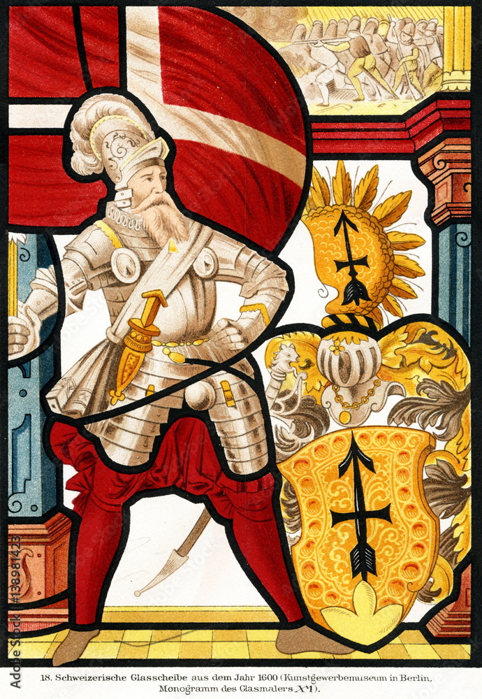 Stained glass with swiss soldier in armor, ca. 1600 (from Meyers Lexikon, 1895, 7/632/633)