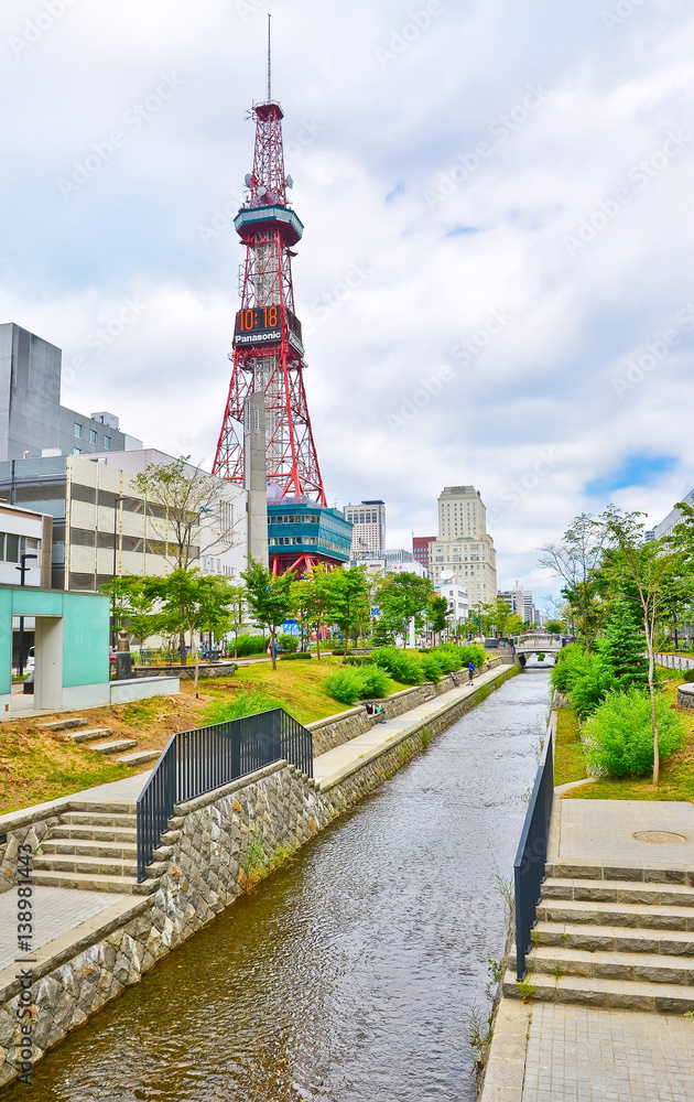 Obraz premium View of the Sapporo TV Tower in the city center in Sapporo, Hokkaido, Japan 