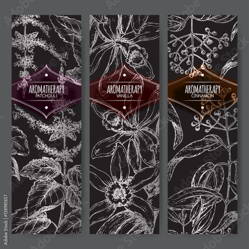 Set of three labels with patchouli, vanilla and cinnamon on black.
