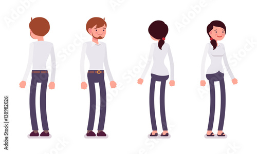 Set of male and female clerk standing, rear, front view