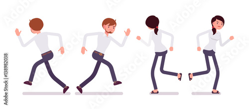Set of male and female clerk runnig, rear, front view