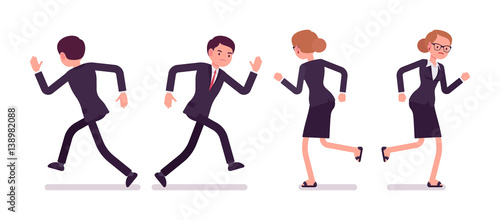 Set of unhappy businessmen runnig, rear and front view