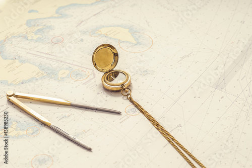 Navigation still-life. Skipper equipment and a map. Sailing concept. © Acronym