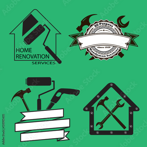 Black and white icons with hand tools. House remodeling, renovation and redecoration services. Workshop icon.